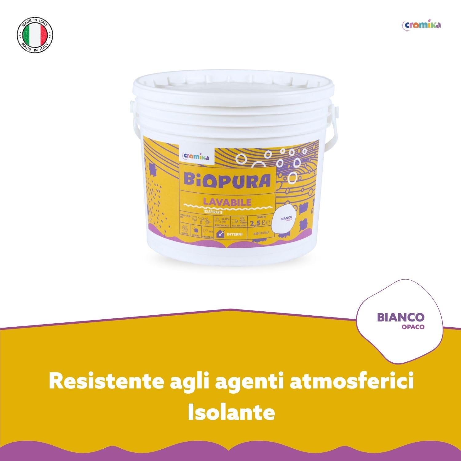 CROMIKA BIOPURA Pittura Lavabile Traspirante per Interni, Alta Copertura Rullo Pennello Spruzzo Finitura Opaca Made in Italy (Bianco, Litri 10)