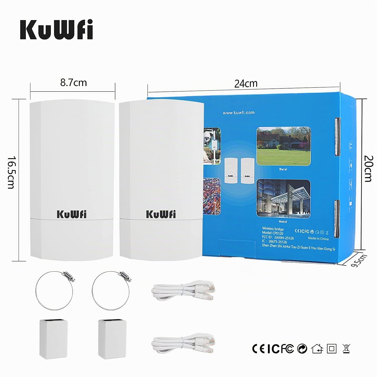 300Mbps Point d'accès extérieur Wi-FI Pont WiFi Ethernet, KuWFi Pont/CPE sans Fil intérieur et extérieur prenant en Charge Une Solution de Distance de Transmission de 1km pour PTP, Application PTMP