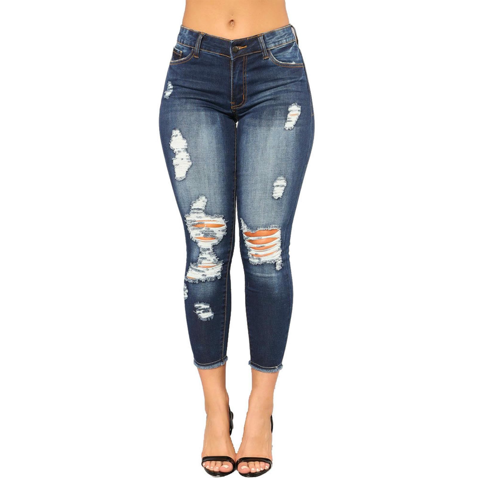 Jeans Donna Donne Magre Strappato Stretch Afflitto Distrutto Denim Pantaloni-blu-2xl