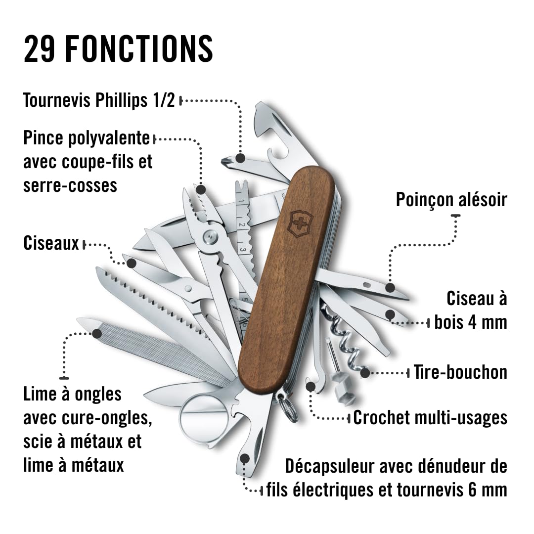Victorinox Couteau de Poche Swiss Champ Wood, Bois, 29 Fonctions, Swiss Made, Outil Multifonction, y c. Scie à Bois, Ciseau, Brun