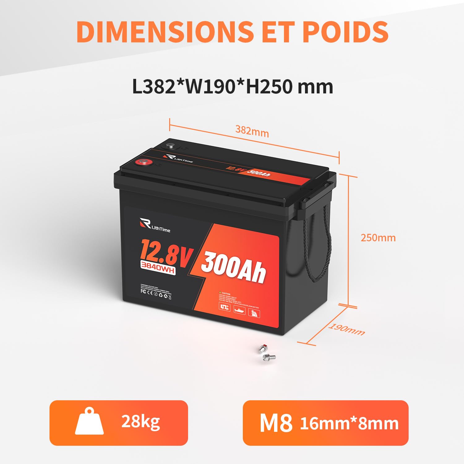 Batterie Lithium 12V 300Ah LiFePO4 avec 98% Efficacité, 3840Wh, BMS 200A, A-Grade Cellules, 4500-16000 Cycles, Poids Léger 28kg pour Camping-Car, Bateau, Système Solaire