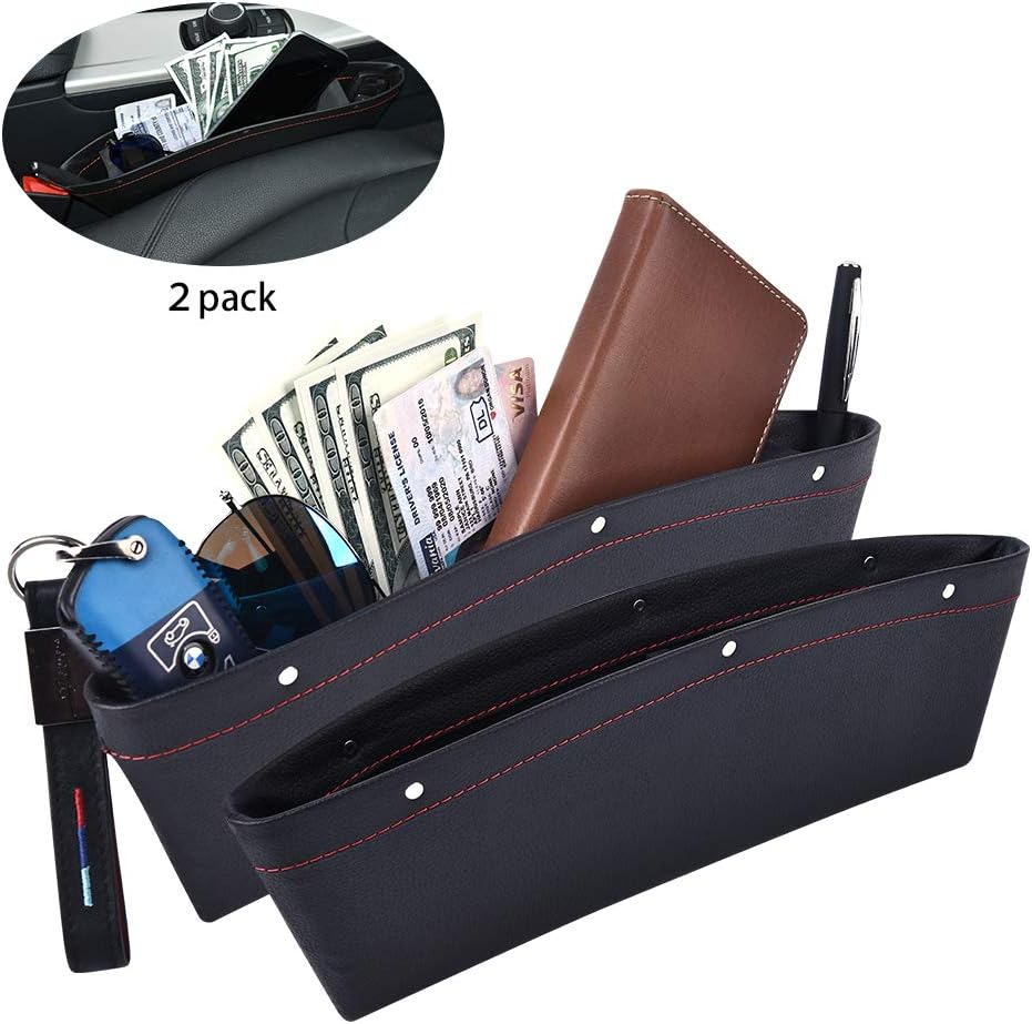Car Seat Filler, [2 Pack] Premium Leather Universal Caddy Car Seat Gap Filler and Catcher Side Drop Car Console Pocket Organizer Stop Gap Car Between Seats Storage for Phone Keys Cards Pens Coins