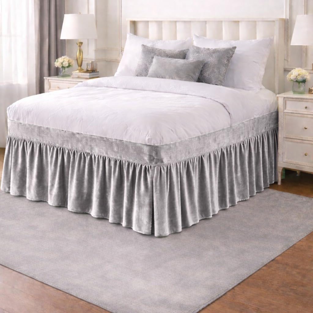 Velvet Wrap Around Dust Ruffle Bed Skirt King Size Bed Skirt 8 Inch Easy Fit Elastic Strap - Adjustable Pleated Bedskirt Velvet Bedskirt Color Silver