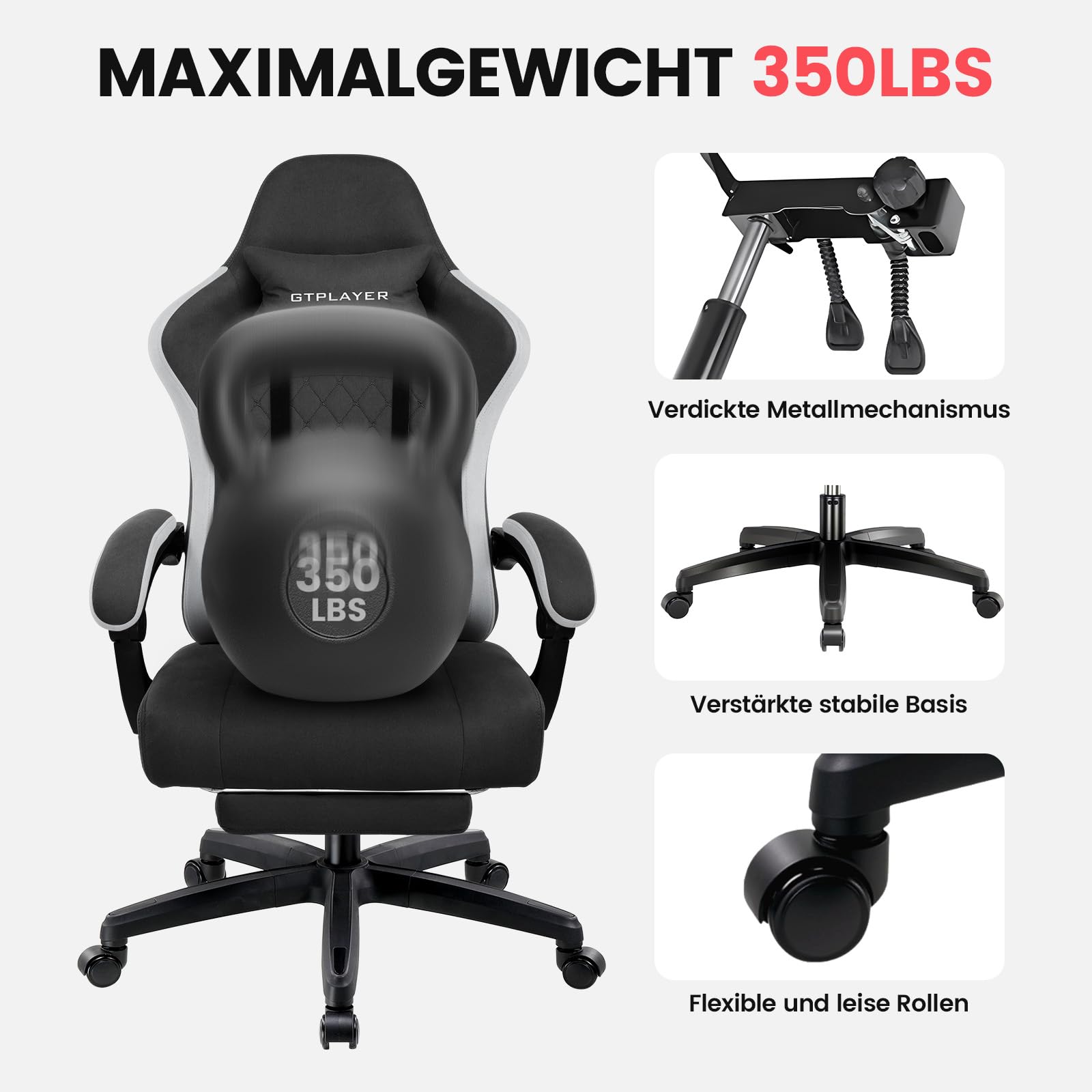 GTPLAYER Gaming Stuhl Stoff, Gaming Sessel mit Taschenfederkissen, ergonomischer Drehstuhl, Gamer Stuhl mit Fußstütze150 kg Belastbarkeit, schwarz