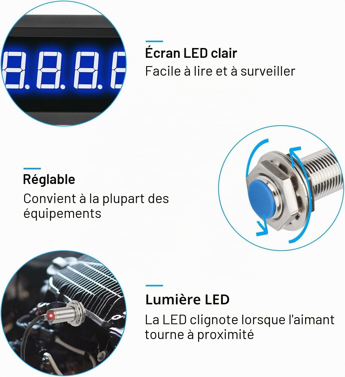Tachymètre à LED Numérique à 4 Chiffres, Tachymètre d'Affichage Numérique, Compteur de Vitesse RPM avec Capteur de proximité de la Salle, Entrée NPN/PNP, Gamme 10-9999rpm(Bleu)