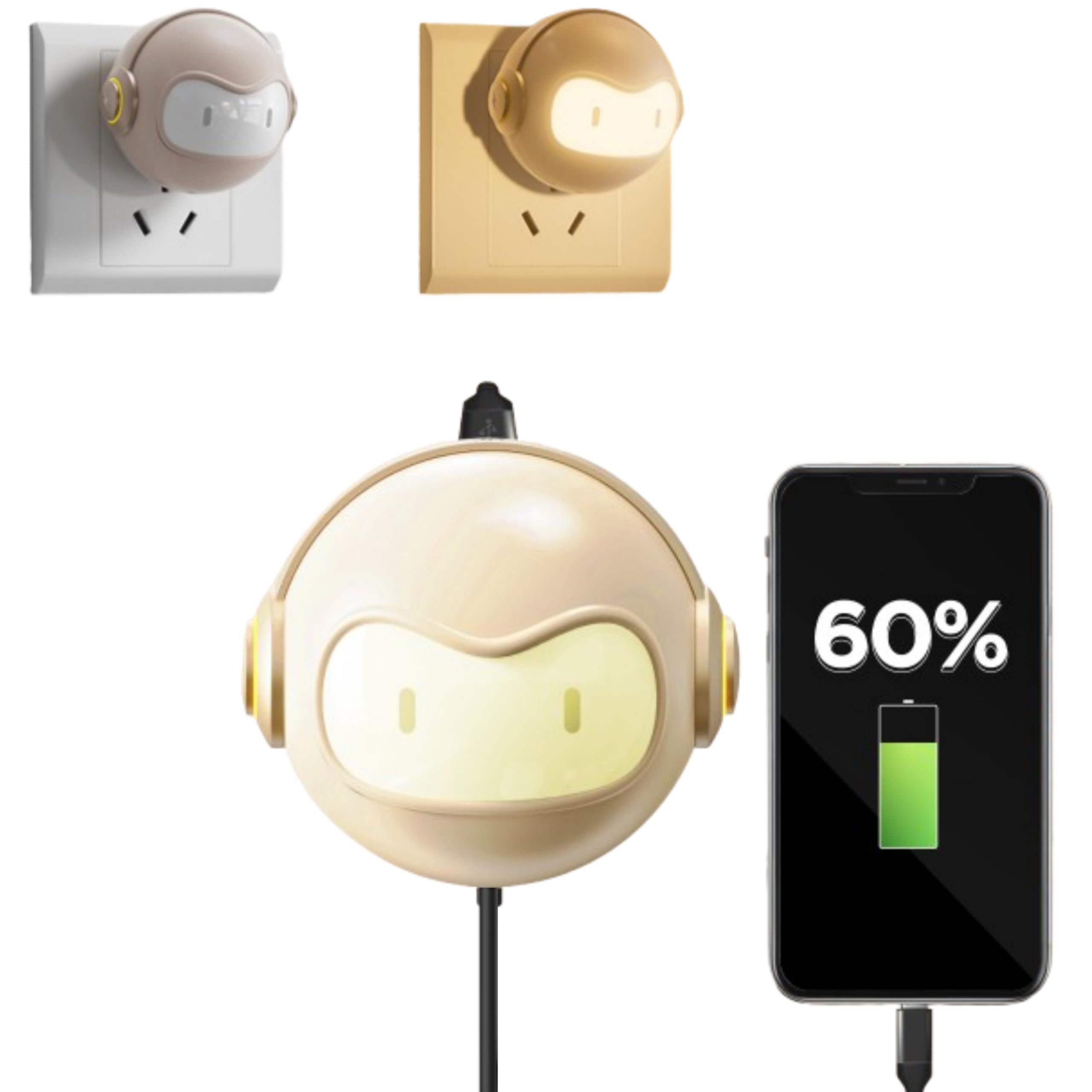 Ventaron Cute 30W USB C Night Light Wall Charger Space Bot GaN Fast PD Charging Block - Touch Dimmable LED Lamp Power Adapter for iPhone 16, 15 Pro