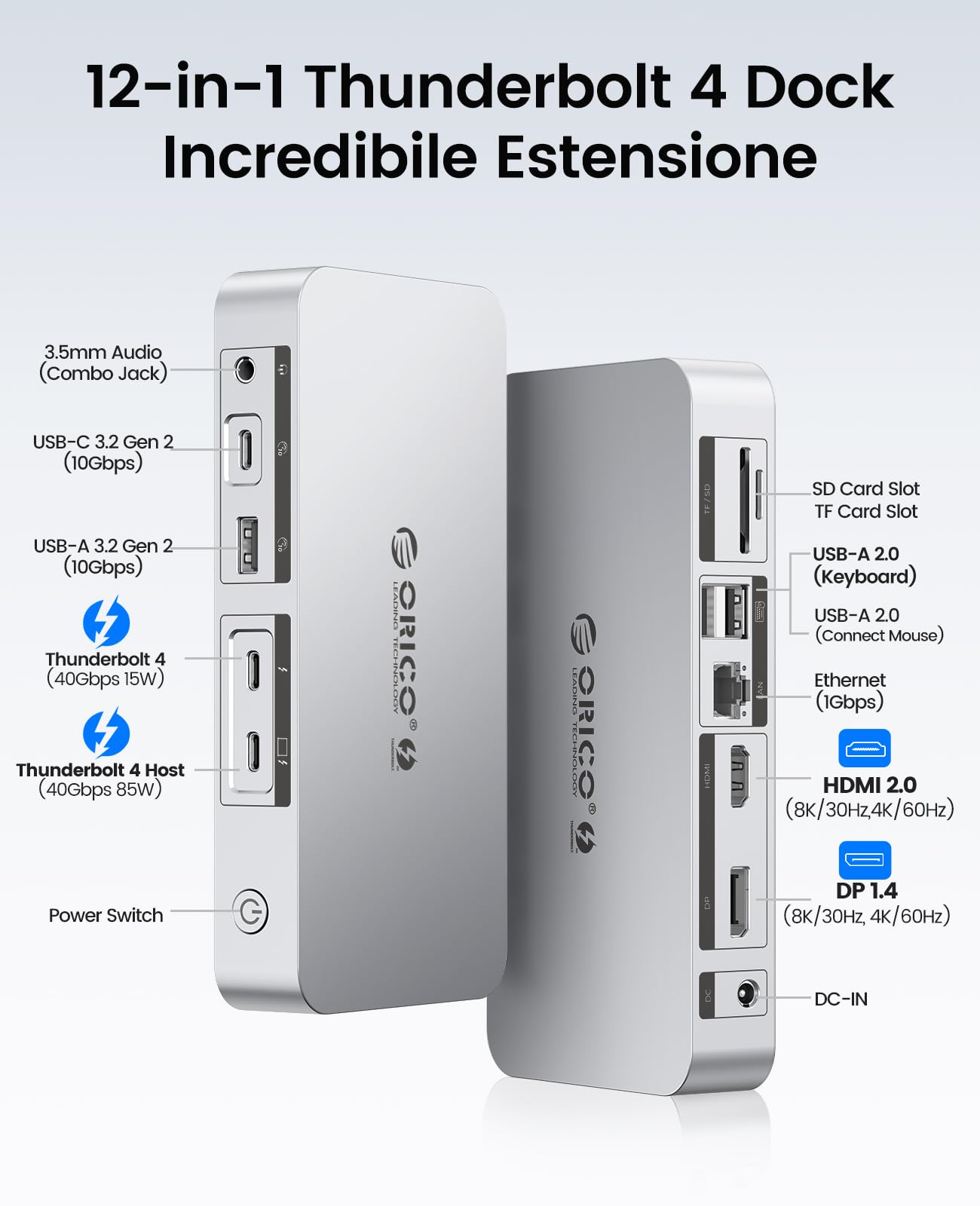 ORICO Thunderbolt 4 Dock 12 in 1 40 Gbps, 85 W + 15 W PD ricarica, doppia 4K/singola 8K, 4 USB, Gigabit Ethernet, SD/TF, AUX, certificato Thunderbolt per M4 MacBook Air & Pro