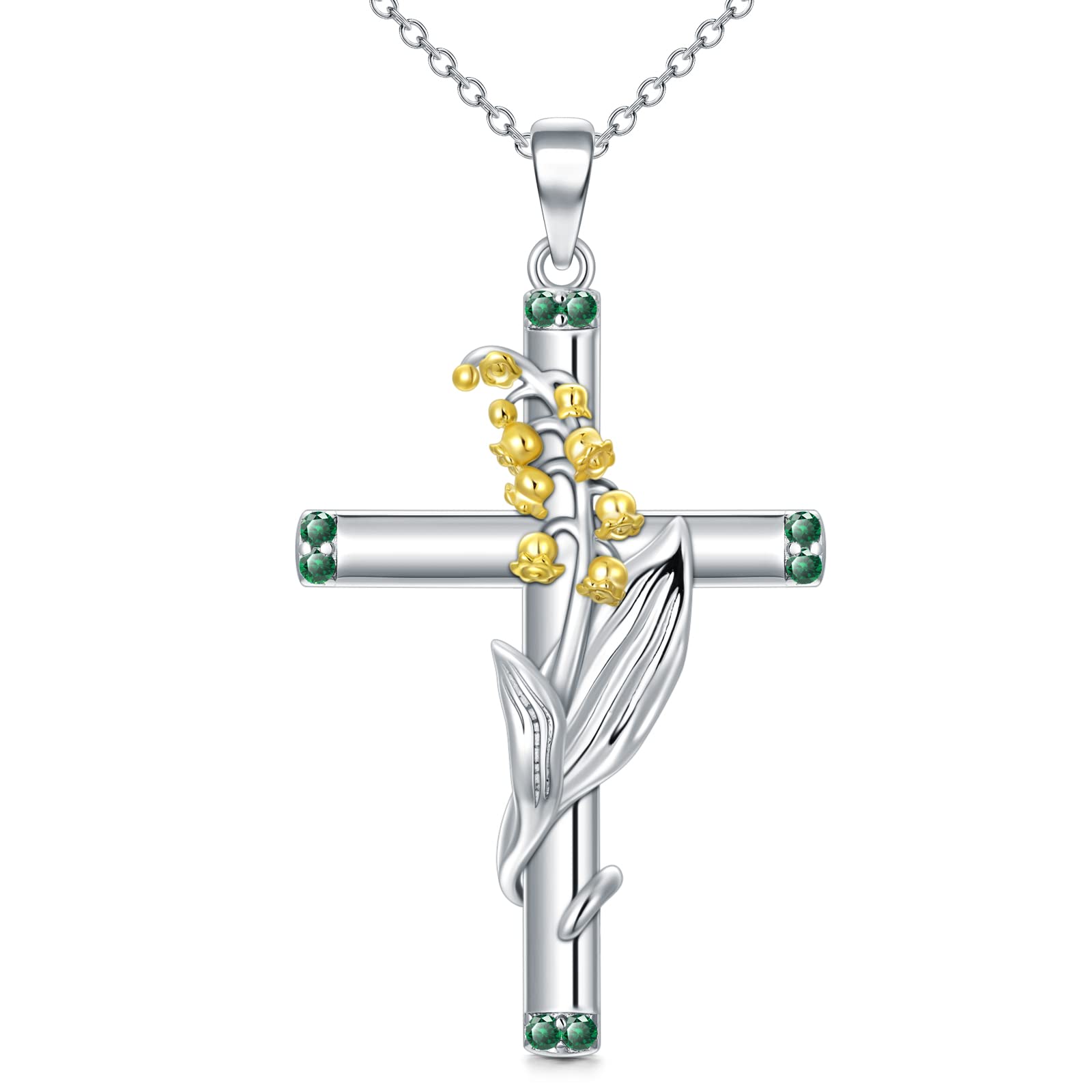 SLIACETECarnation/Daffodil/Daisy/Lily of the Valley/Rose/Poppy/Morning Glory Cross Necklace 925 Sterling Silver Birth Month Flower Jewelry for Women Wife Mom