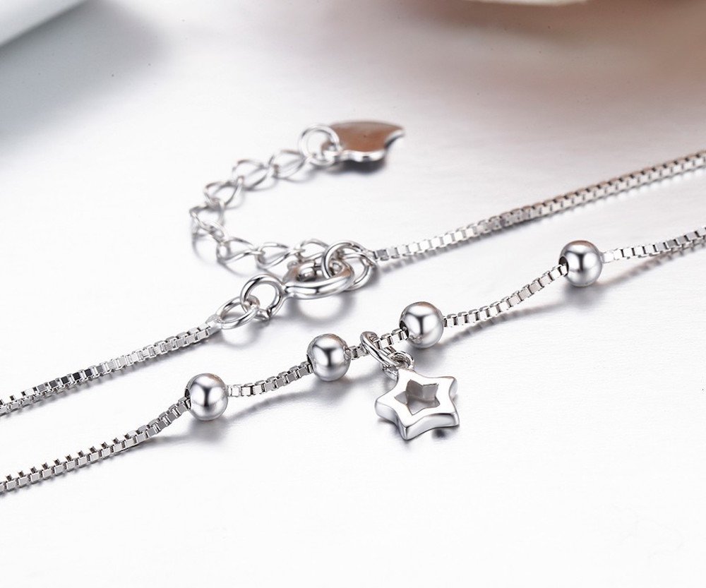 Kim Johanson Damen Fußkettchen *Silver Star* aus Edelstahl in Silber mit beweglichen Sternen & Kugeln inkl. Schmuckbeutel