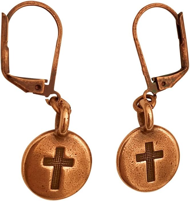 DragonWeave Cross Circle Charm Necklace & Earring Set, Antique Copper Brown Leather Adjustable