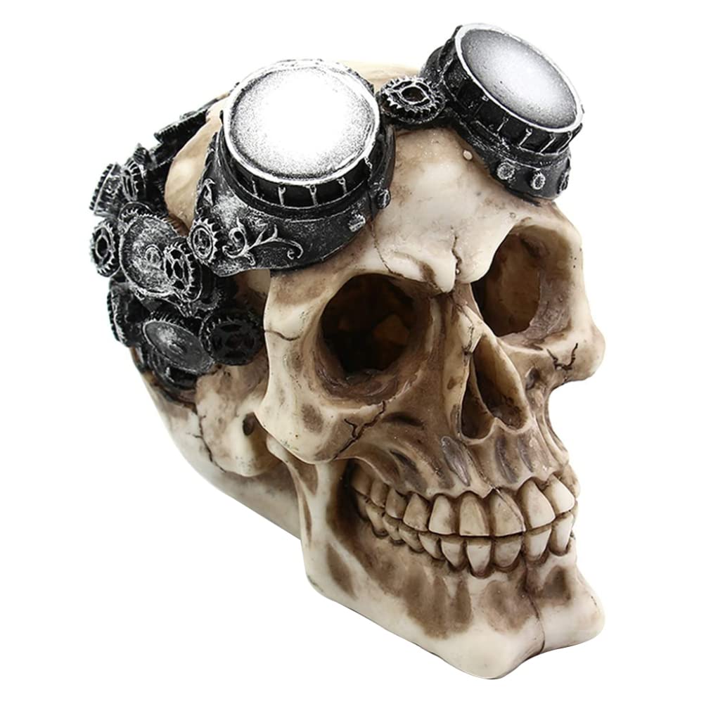 Monwssoe Halloween Decor, Aquarium Decor Resin Skull Artificial Head Skeleton Skull Ornaments, Steampunk Robotic Statue, Skeleton Fish Cave Hideout Reptile Houses Halloween with Gearwork Mechanism