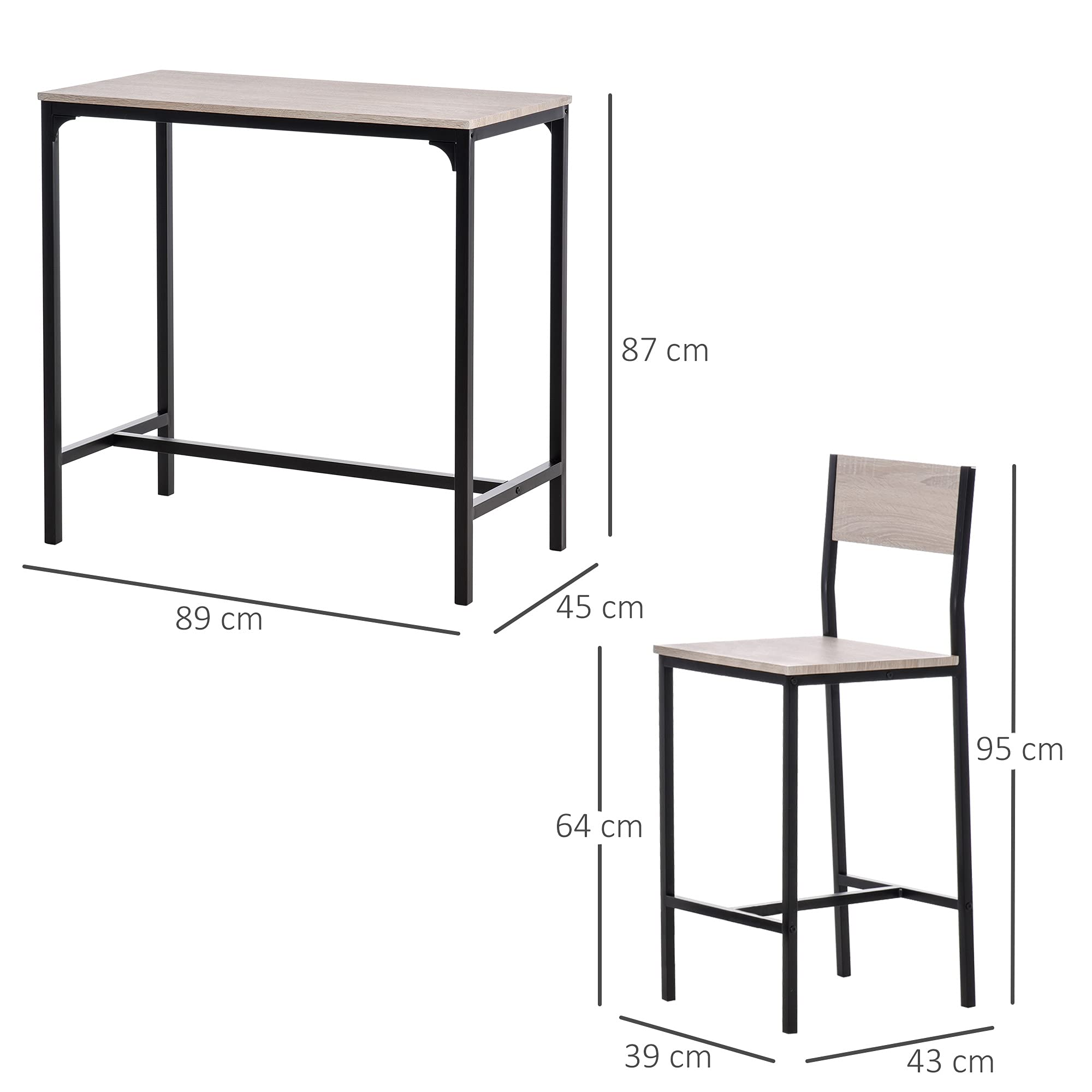 HOMCOM Conjunto Mesa Alta de Cocina con 2 Taburetes, Mesa de Bar Alta, Ahorro de Espacio, para Pisos Pequeños, Comedor, Balcón o Isla Cocina, Estilo Industrial, 89x45x87 cm, Natural y Negro