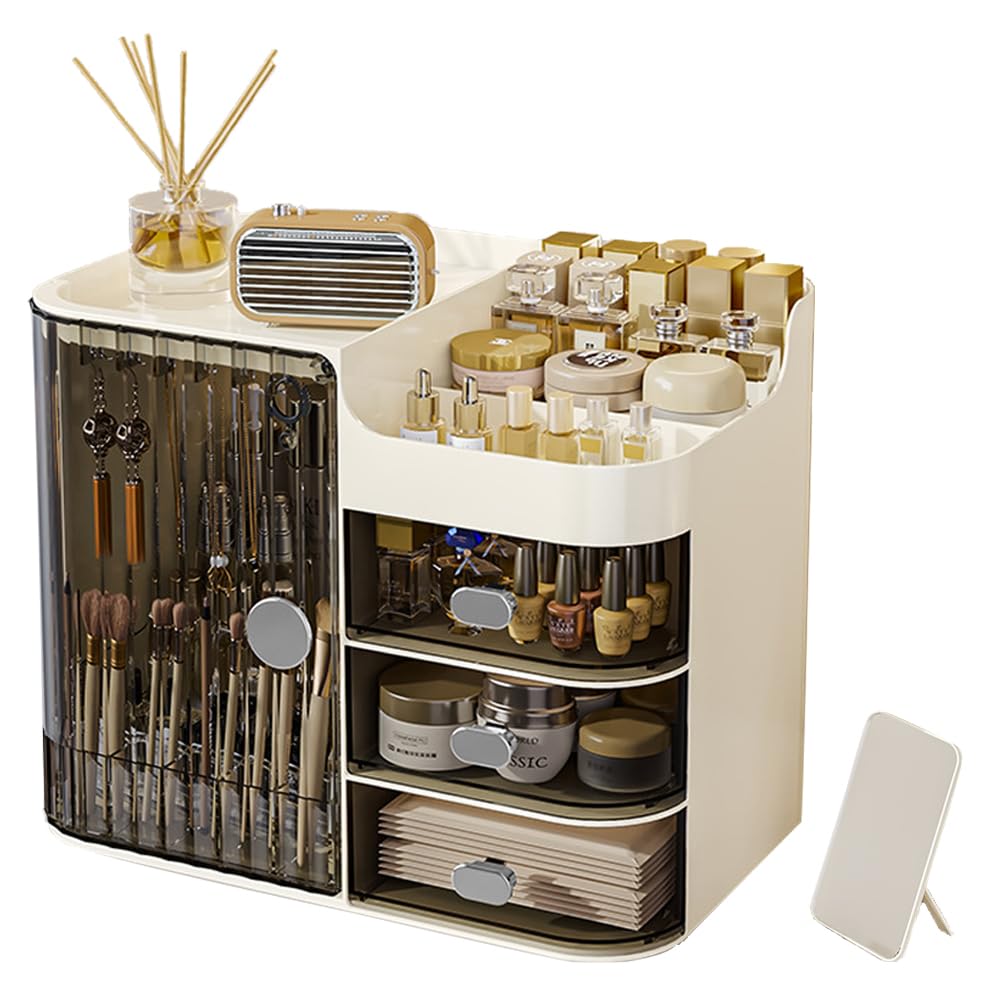 Cosmetics Display Case with Mirror, Large Capacity Cosmetic Storage Box with Drawers, Dust and Waterproof Makeup Organizer, Skincare Jewelry Storage