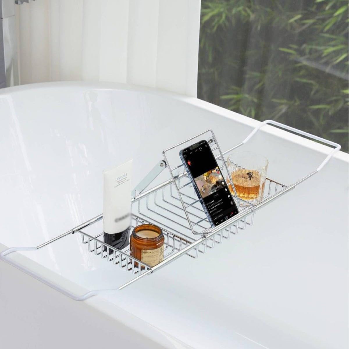 Bandeja Bañera Bambú Extensible Estantería Baño Antideslizante Soporte Tablet Ajustable con Hueco Copa Vino Portavelas Jabonera Toallero para SPA Relajación Baño