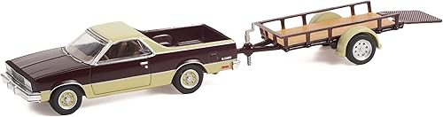 Miniatura 2 de 1984 Chevy El Camino Conquista Granate Metálico y Beige con enganche de remolque utilitario y remolque Serie 24 1/64 Modelo de automóvil fundido a