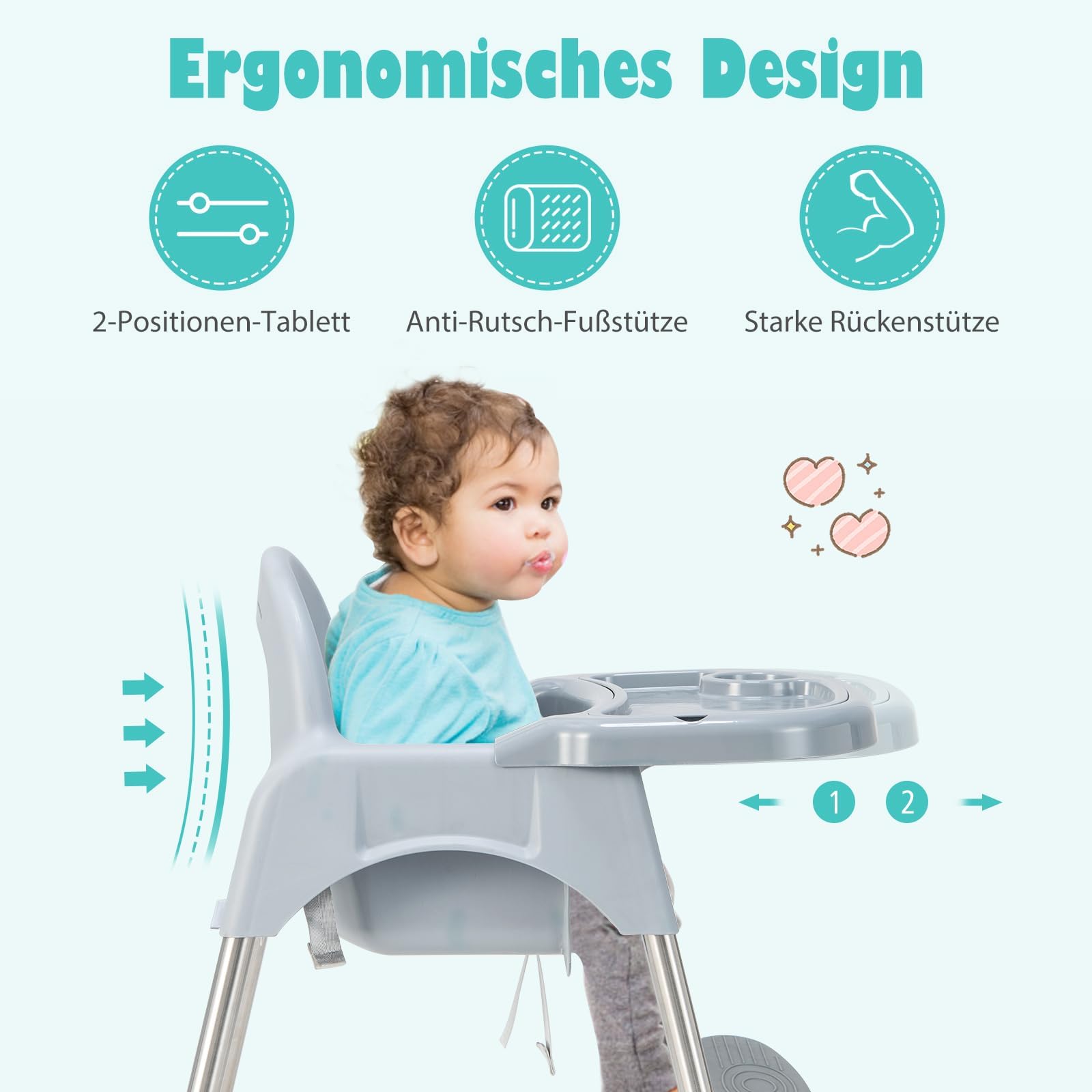 COSTWAY Trona 4 en 1 de polipropileno y acero inoxidable, convertible con bandeja doble extraíble, cinturón de seguridad de 3 puntos, silla para bebés de 6 a 36 meses (gris)