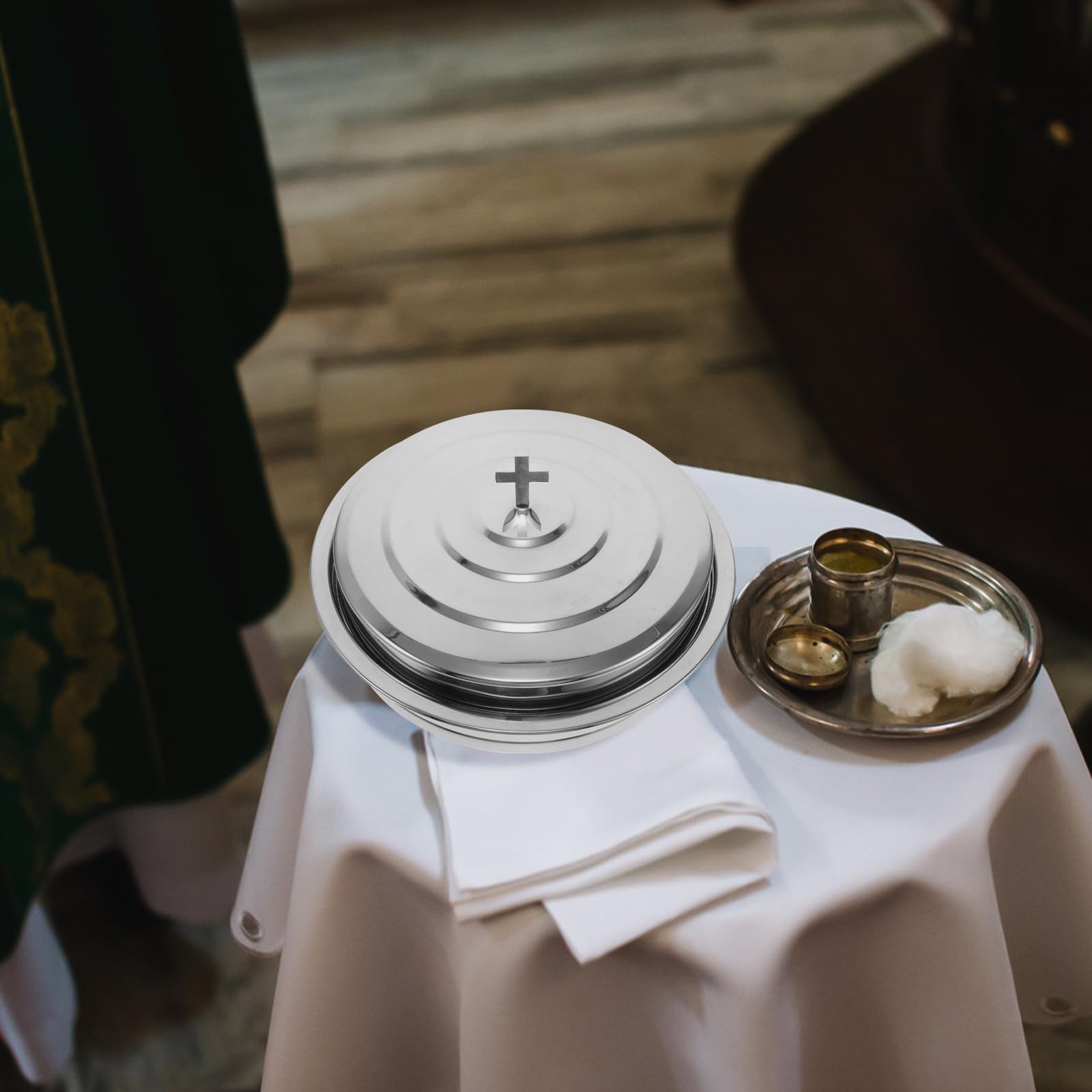 Zerodeko Bandeja de Acero Inoxidable Adecuado para Reuniones Familiares Diseño Apilable y Capacidad Grande, Plato Redondo para Suministros Iglesia para Pan de Comunión