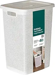 Cesto de Roupa Suja com Tampa 40 Litros Linea Grande Organizador de Lavanderia Quarto Brinquedos com Alças Laterais (Branco)