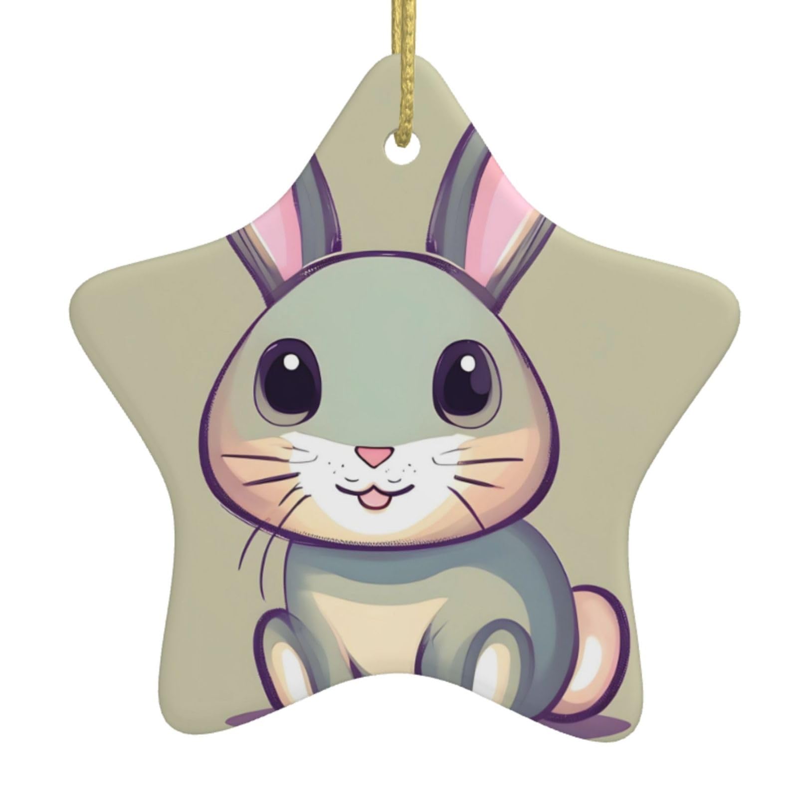 Cute Little Bunny Christmas Ceramic Star Pendant with Punched Holes and Gold Wire Rope, Christmas Tree Home Decoration