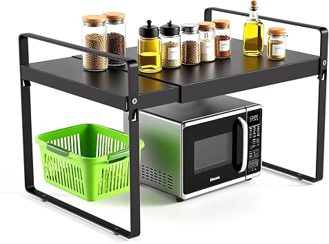 Expandable Cabinet Shelf Organizer 14-25 Inch Adjustable Length, 11" Wide 2-Tier 8" Bottom Layer Metal Storage Rack for Kitchen Pantry, Under Sink Countertop - Heavy Duty Black1 Pack