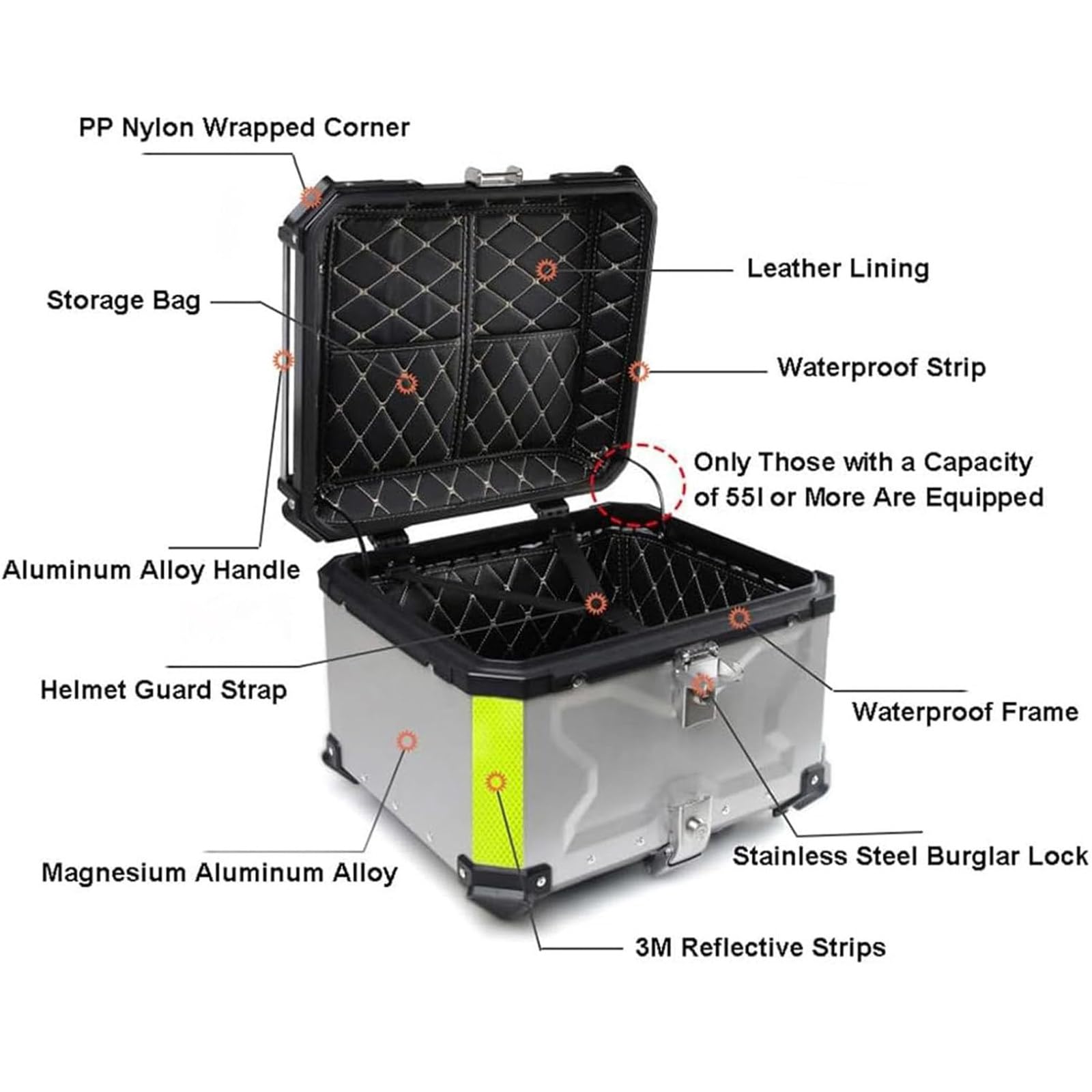 Top Case de Moto 45l/55l/65l/80l/100l, adapté à Tous Les Types de boîte de Rangement de Moto légère et Lourde, pour Ranger Les Grands Bagages de Casque,Silver-65L