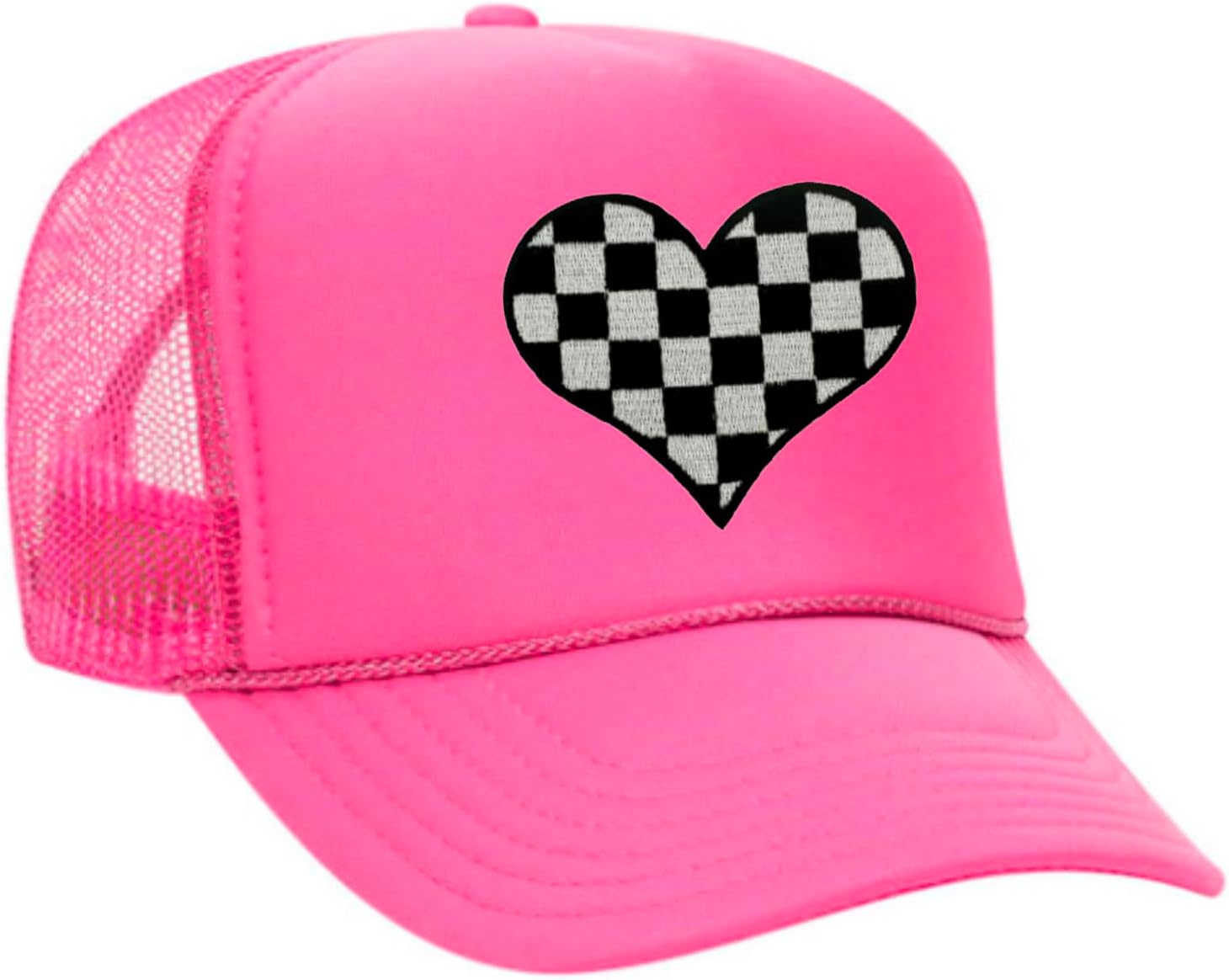 Checkered Heart Patch Trucker Hat - Black/White