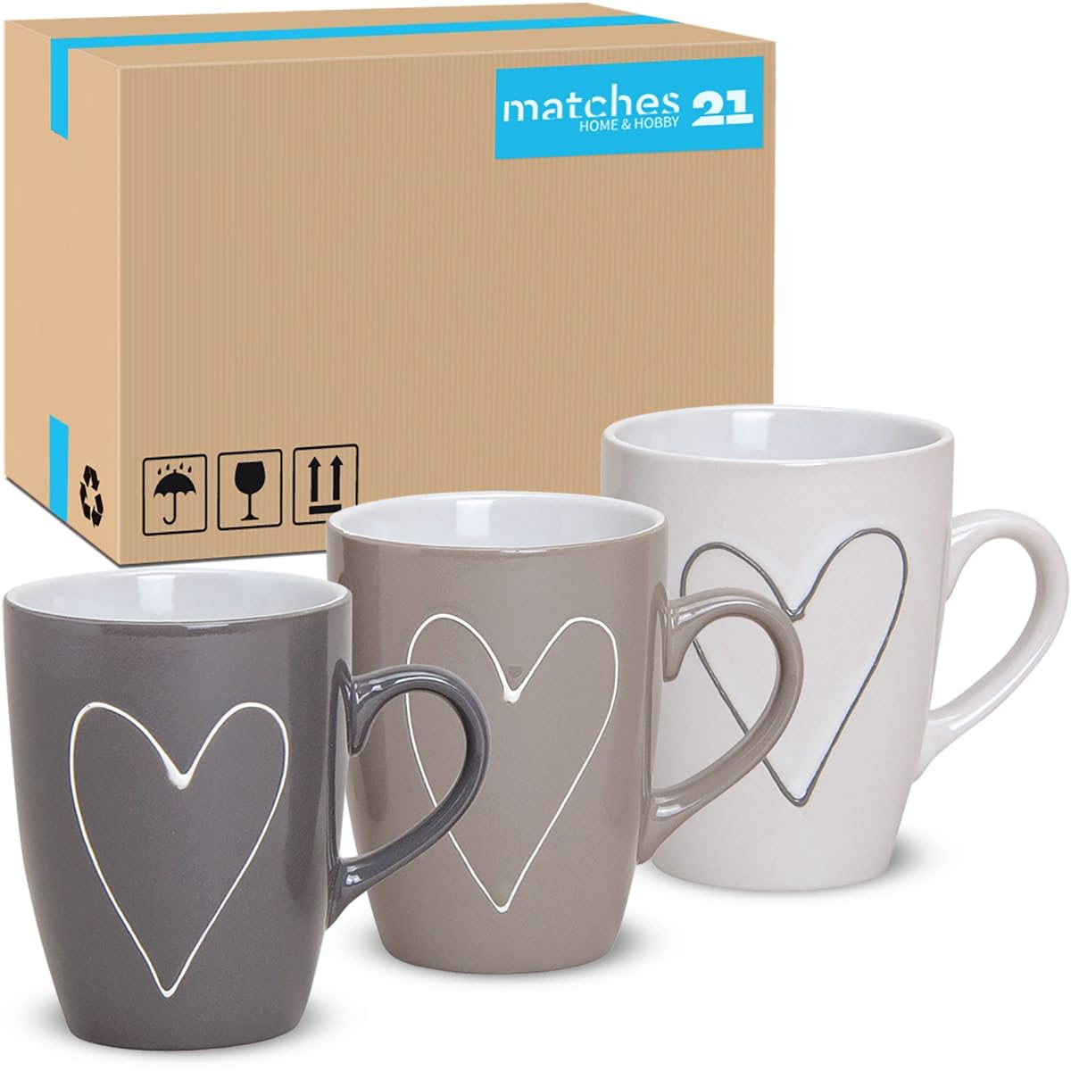 Tassen 36er Set Herz in weiß beige grau - Keramik Kaffeetassen in 250ml für Tee Kaffee Cappuccino - Moderne Kaffeebecher spülmaschinenfest und mikrowellengeeignet als Geschenk