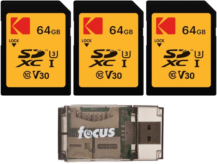 Kodak SD 64GB UHS-I U3 V30 Ultra (95MB/s Read, 85MB/s Write) - 3 Pack with Memory Card Reader Bundle (4 Items)