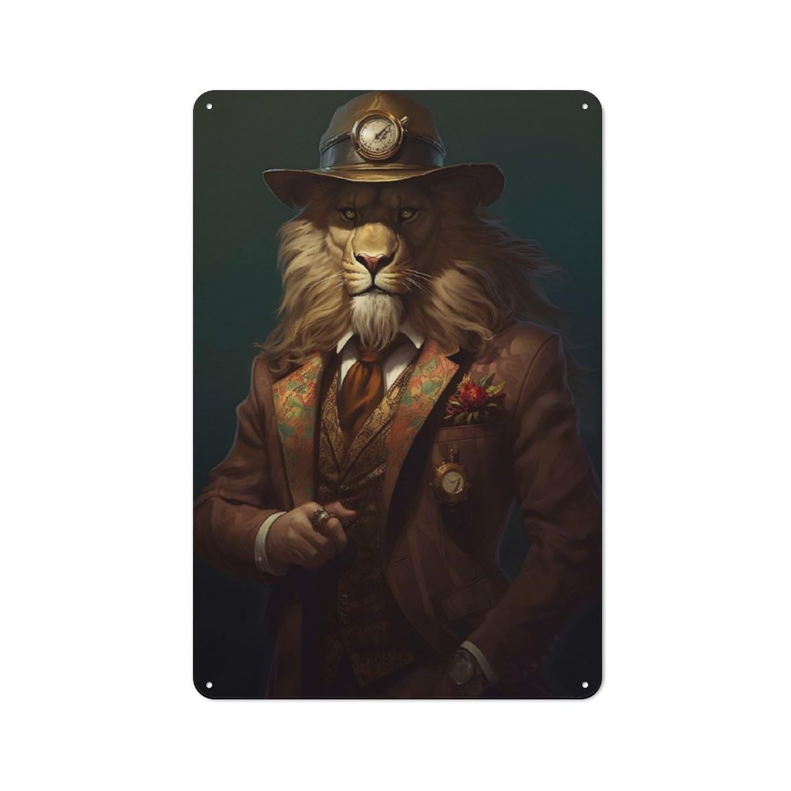 Junmoney Style-5 Vintage Tin Sign 30X20cm With Dapper Lion Gentleman With Clockwork Hat For Dining Room Or Kitchen, For Autumn Interiors With Vintage Character