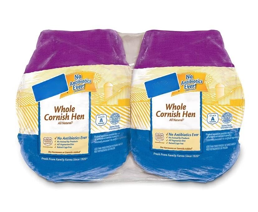 whole Cornish hens with giblets are great for roasting, grilling, or even deep-frying. Wrapped individually, these Cornish hens come two (2) to a package and are shipped fresh. Hatched, raised, and harvested in the USA, these chickens are raised cage-free, without antibiotics, fed an all-vegetarian diet, have no animal by-products and no hormones or steroids added. Cooking instructions: If frozen, thaw in the refrigerator. Rinse hen inside and out, pat dry. BAKE: Season hen inside and out. Roast at 350-degrees F for approximately one hour. [ 52 oz , 3.25 lb ]
