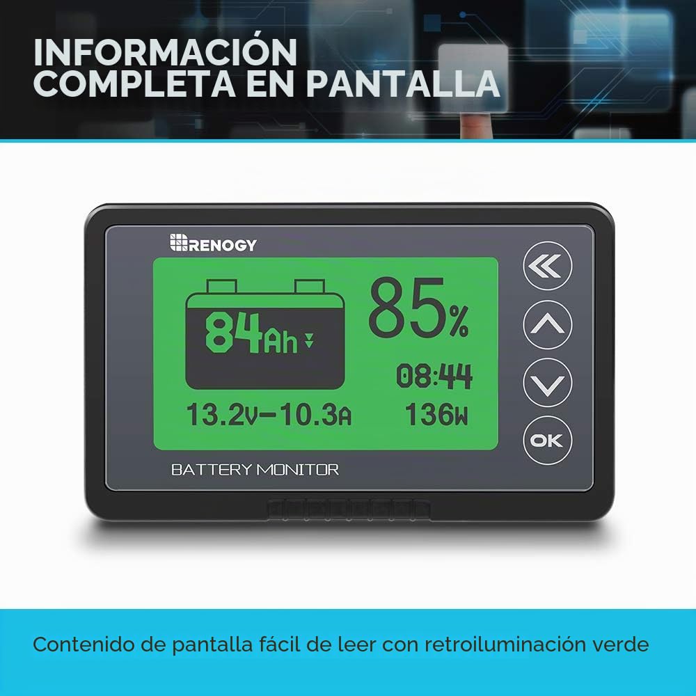 Renogy Monitor de batería 500A con Alarma, indicador de Capacidad y Voltaje, Compatible con baterías LiFePO4, de Iones de Litio y de Plomo-ácido en vehículos recreativos y Sistemas solares.