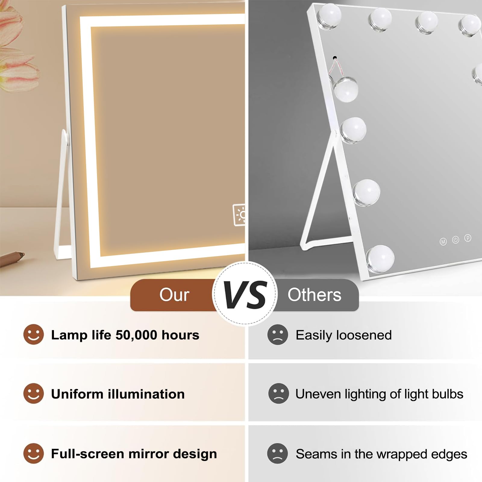 Specchio da trucco a LED da 35,5 cm con luci, grande cornice in metallo illuminato da tavolo con controllo touch dimmerabile a 3 colori, rotazione a 360°, per camera da letto