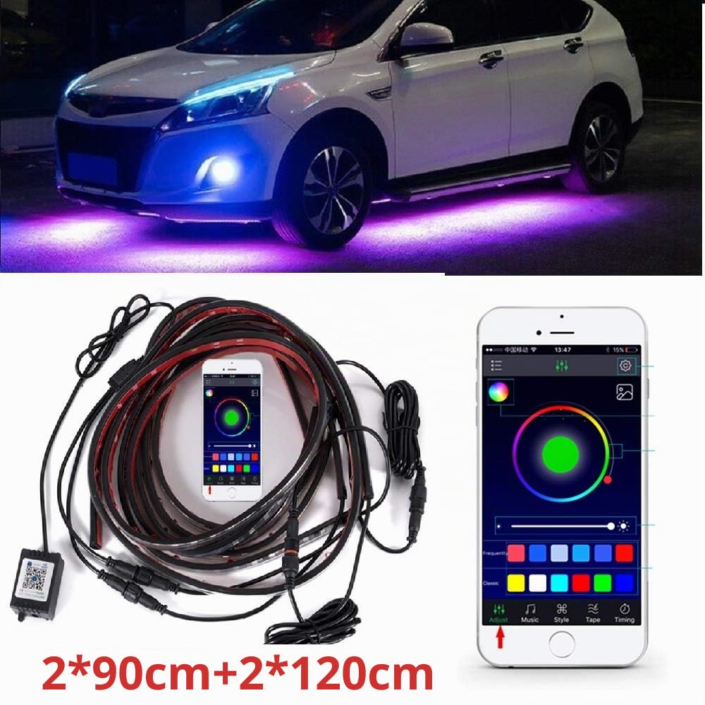 Sunwan - Set di 4 strisce luminose per auto, kit di illuminazione d’atmosfera per esterni (2 x 90 cm + 2 x 120 cm), controllo tramite app