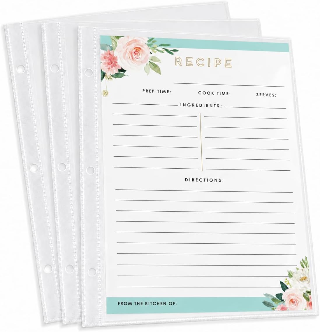 Recipe Binder Refill Pages with Clear Page Protectors, 30 Count 8.5 x 11 Recipe Sheets for 3 Ring Binder, Blank Recipe Cards with Plastic Sleeves, Recipe Organizer Inserts
