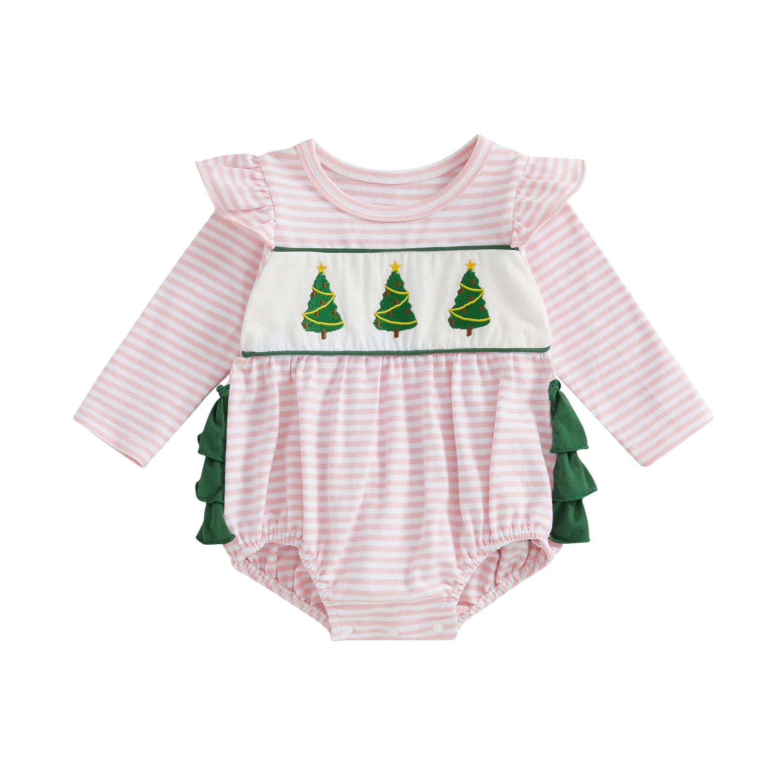 baorji Newborn Baby Girl Christmas Romper Christmas Tree Embroidery Sweatshirt Onesie Stripe Ruffle Long Sleeve Bodysuit (Pink, 0-6 Months)