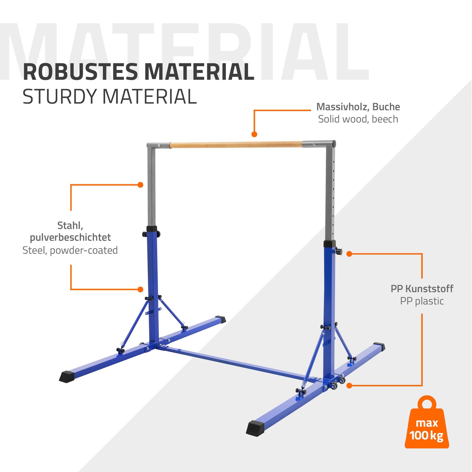 Hauki Barra de Gimnasia Artística Horizontal para Niños Azul/Púrpura Equipo Entrenamiento Infantil Plegable Base Estable Altura Regulable 95,5-150cm Madera/Acero Ejercicios en Casa Interior/Exterior