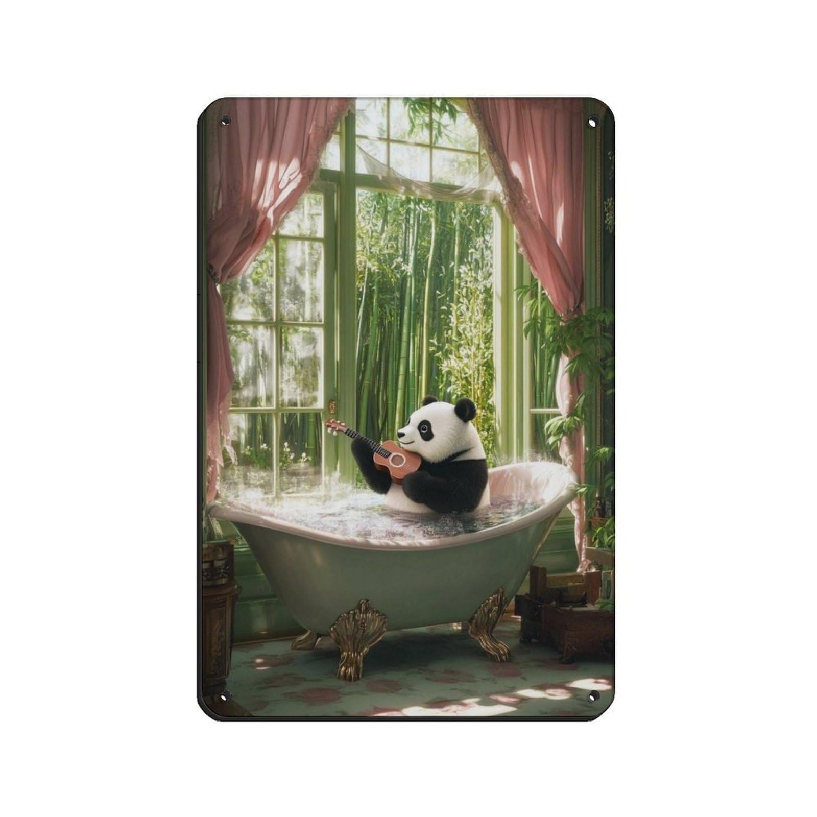 Adorable Panda Playing Ukulele in Bathtub Tin Sign Vintage Metal Pub Club Cafe Bar Home Wall Art Decoration Poster Retro 8x12inch(20x30cm)