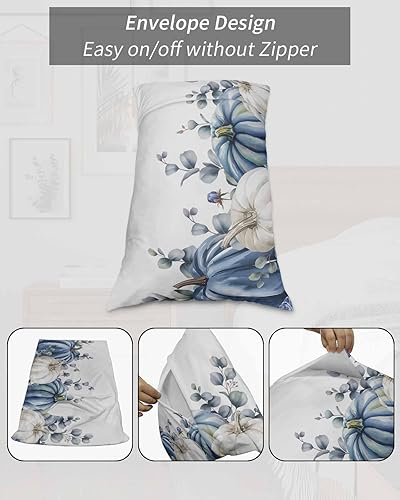 Miniatura 7 de Funda de almohada corporal de calabazas azules y blancas, fundas de almohada suaves decorativas para sofá largo lumbar con cierre de sobre, festival