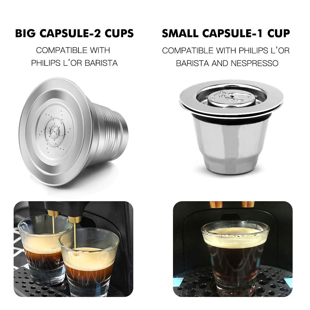 2 cápsulas de café reutilizables de acero inoxidable compatibles con L'OR Barista LM8012 / 60, cápsulas de café recargables de metal L'or Espresso con manipulación (grandes y pequeñas)