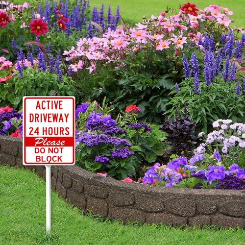 Geroclonup Schild 'Active Driveway 24 Hours Please Do Not Block' mit Metallpfahl, 20 x 30 cm, stabiles, rostfreies, lichtbeständiges Aluminium, Parkverbotsschild für Zuhause, Rasen, Außenbereich