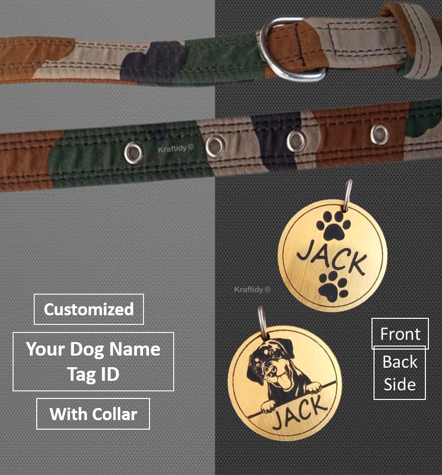 Image of Dog Collar Belt with Name tag id Customized for Small Medium Large Dogs Military Army Print Neck Collar with Personalized Dog Name (with Dog Name) (Large Dogs)