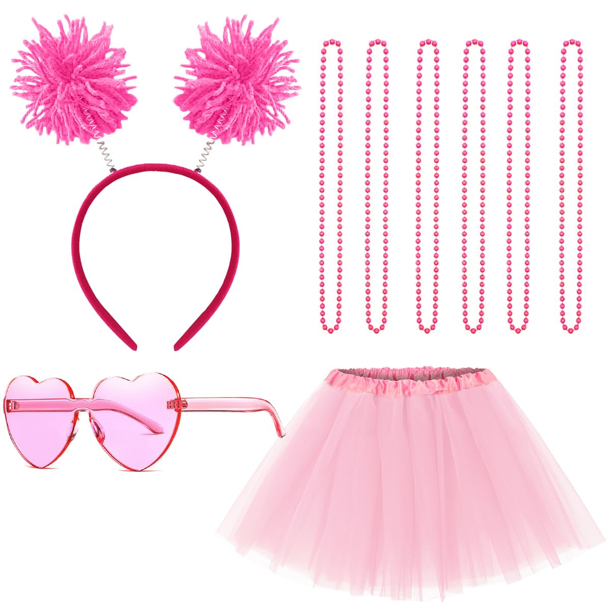 Gionforsy Tutu Skirts for Women Costume Set with Pom Pom Headband Sunglasses Bead Necklace Tulle Skirt Accessories Set for Halloween Birthday Themed Party Fancy Dress (Light Pink)