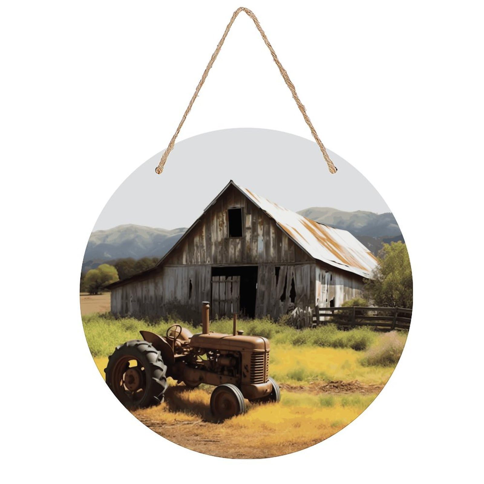 LZQPOEAS Old Wooden Barn with Rusted Tractor Round Wood Wall Art Painting, 7.9 Inch Circular Wooden Door Hanger Decorative Paintings, Rope-Hanging Wooden Wall Plaque for Home Decor And Office Party