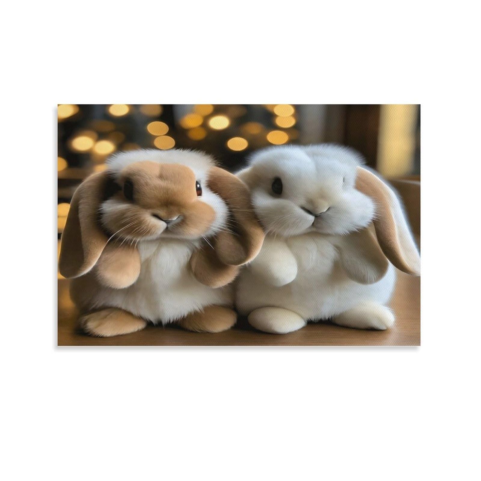 CPLVKWRQJ Cute Bunny Pair Single Piece Two Fluffy Lop Eared Rabbits Framed Wall Art - Office Canvas Print Fade Resistant Wall Focal Art Decor 12x18inch(30x45cm)