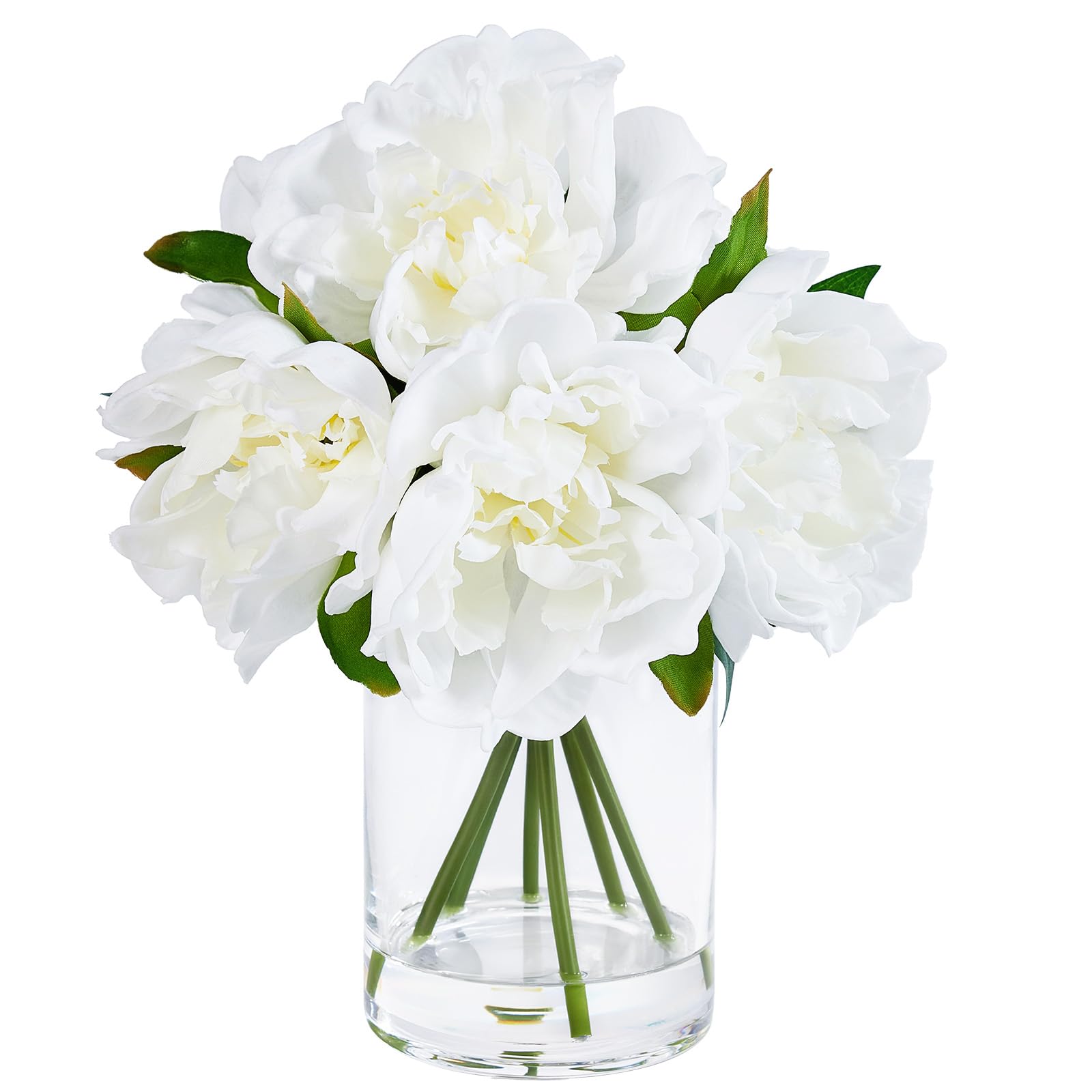 VeriNatural Artificial Peony Flowers in Glass Vase 27cm, White