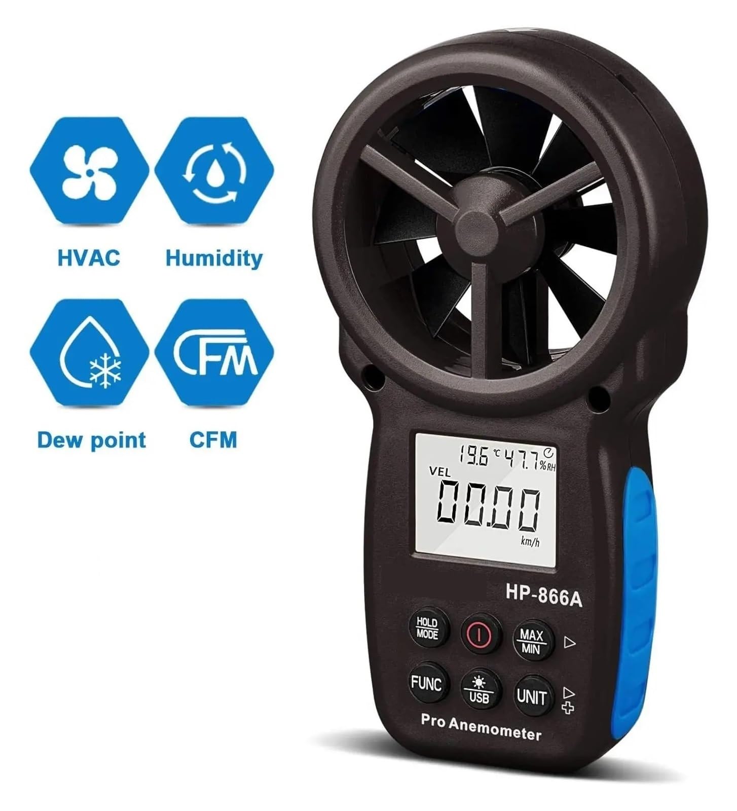 Anemómetro Medidor De Velocidad Del Viento Probador De Flujo De Aire Portátil Interfaz USB Prueba De Temperatura De Mano