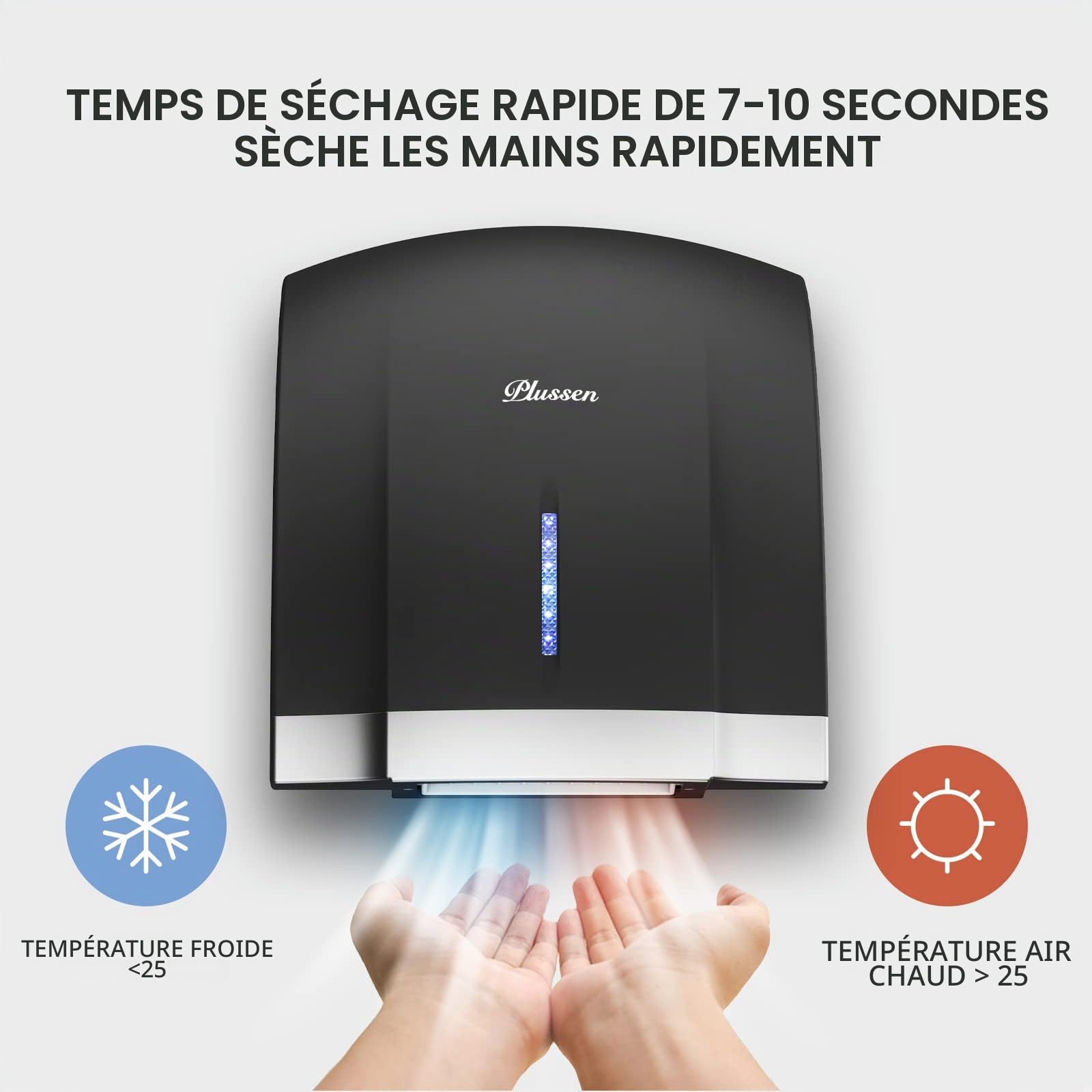 Sèche-mains électrique avec capteur infrarouge 8-10 secondes, séchage rapide, sèche-mains automatique pour salle de bain pour la maison, interrupteur chaud/froid, silencieux (noir 1003)