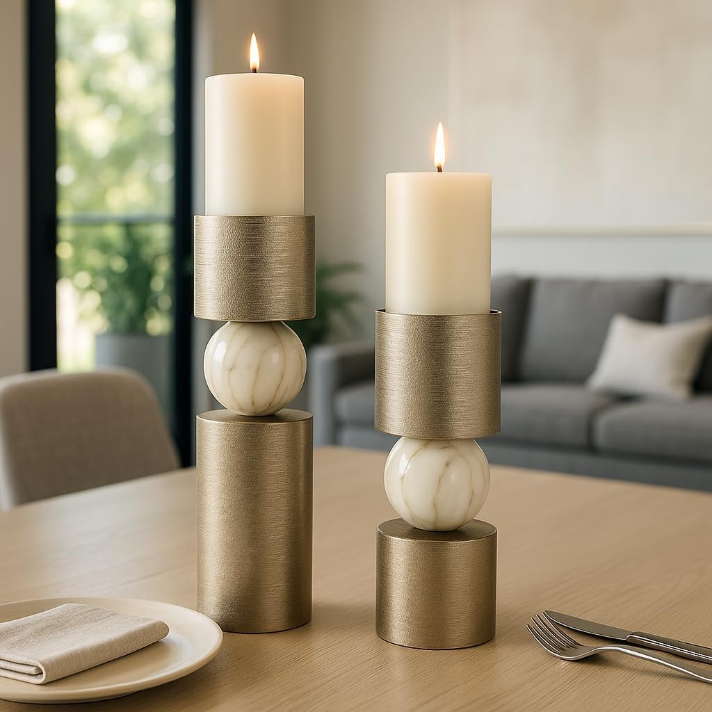 Modern Tall Taper Candle Holders for Home Decor - Elegant Orb Detail Candle Stand Ideal for Mantel or Dining Table - Candle Stand Holder for Indoor or Outdoor Style - Set of 2, 18", 15", Gold & Clear