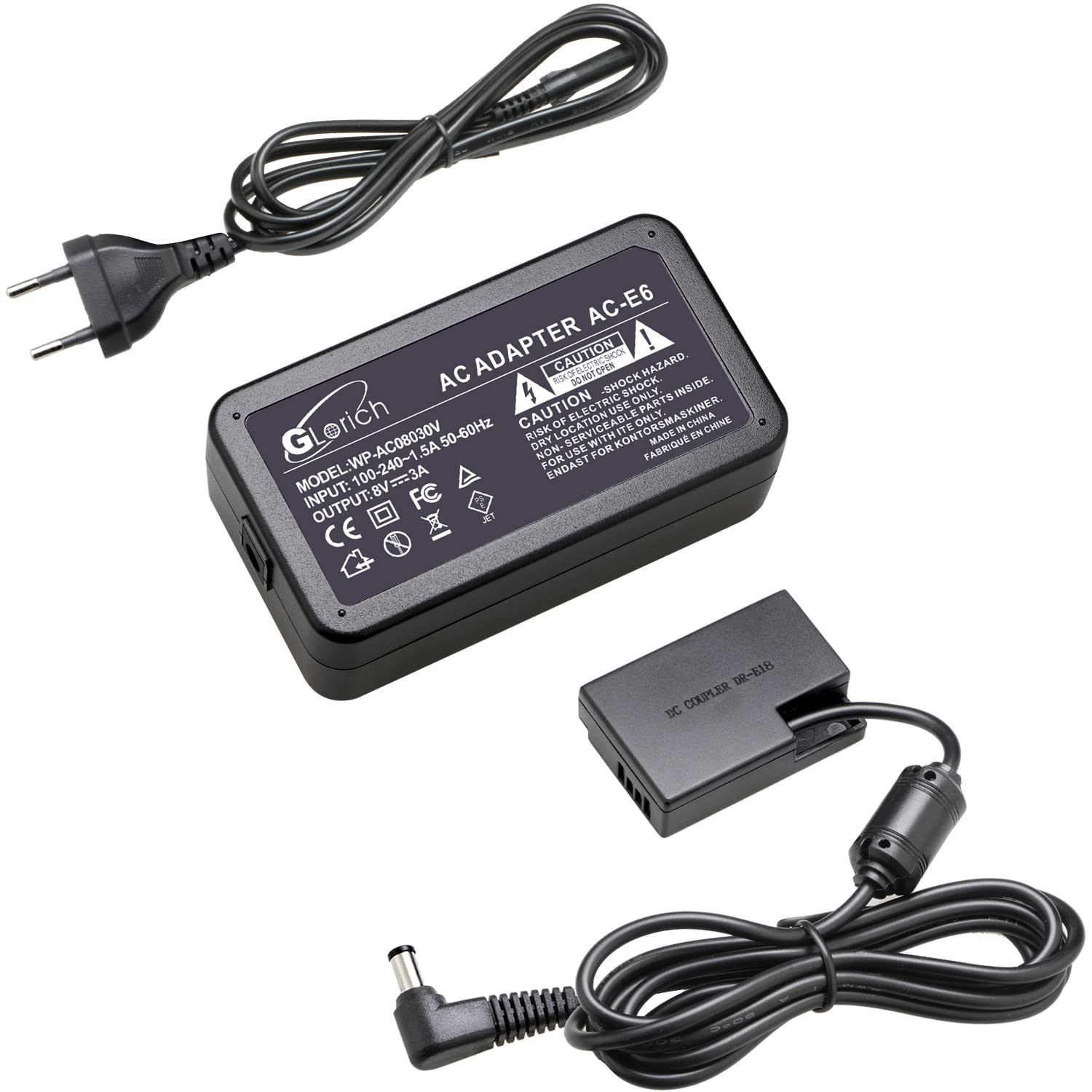 Glorich ACK-E18 Adaptador de alimentación de CA DR-E18 Acoplador de Corriente alterna para cámara Digital Canon EOS 200D 750D 760D 800D 850D RP Rebel SL2 SL3 T6i T6s T7i T8i 77D(Full-Decoded)