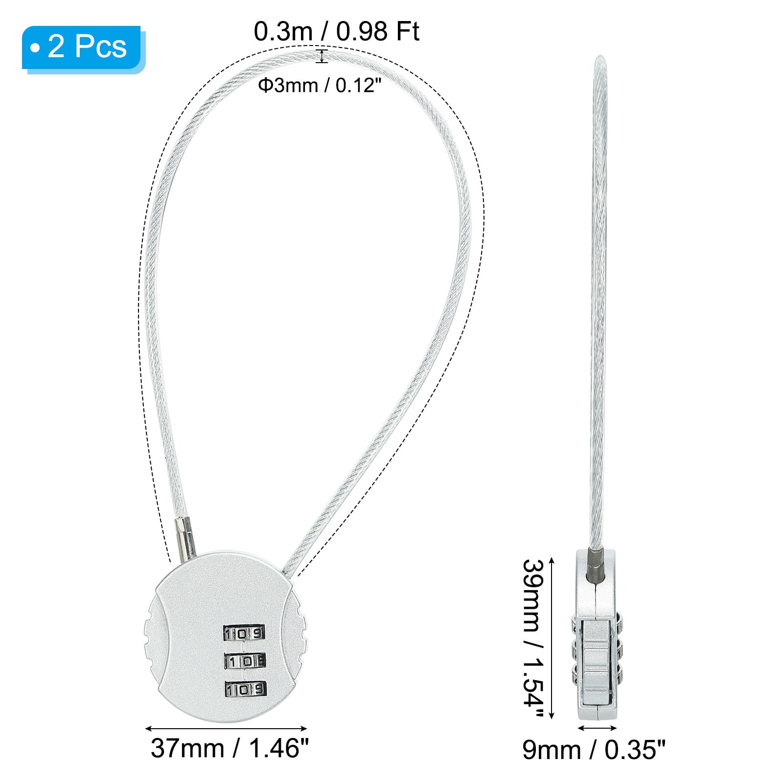 PATIKIL 2 Pack 3 Digit Combination Lock,Round Helmet Padlock Cable Lock Gym Locker Lock with 0.98Ft Flexible Security Steel Lock Wire for Bike Locker Travel Luggage, Silver - Image 2